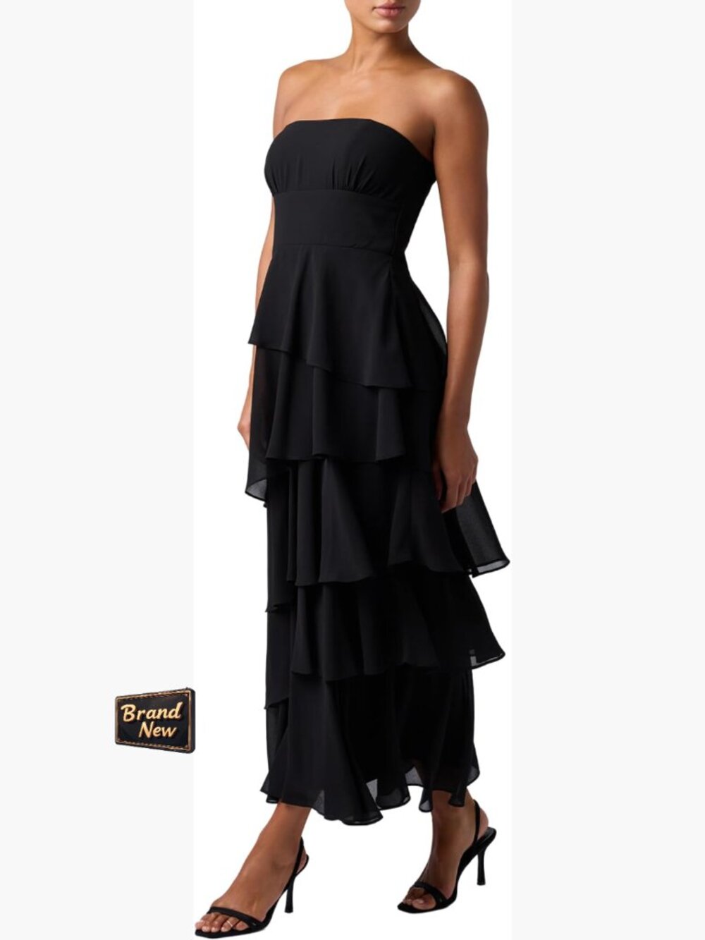 Strapless Tiered Ruffle Midi Dress Cocktail Chiffon Zipper